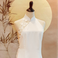 White Duchess Satin Cheongsam with Shoulder Mesh and Lace Train