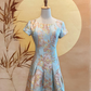 Blue Pink Flower Pleated Jacquard Dress