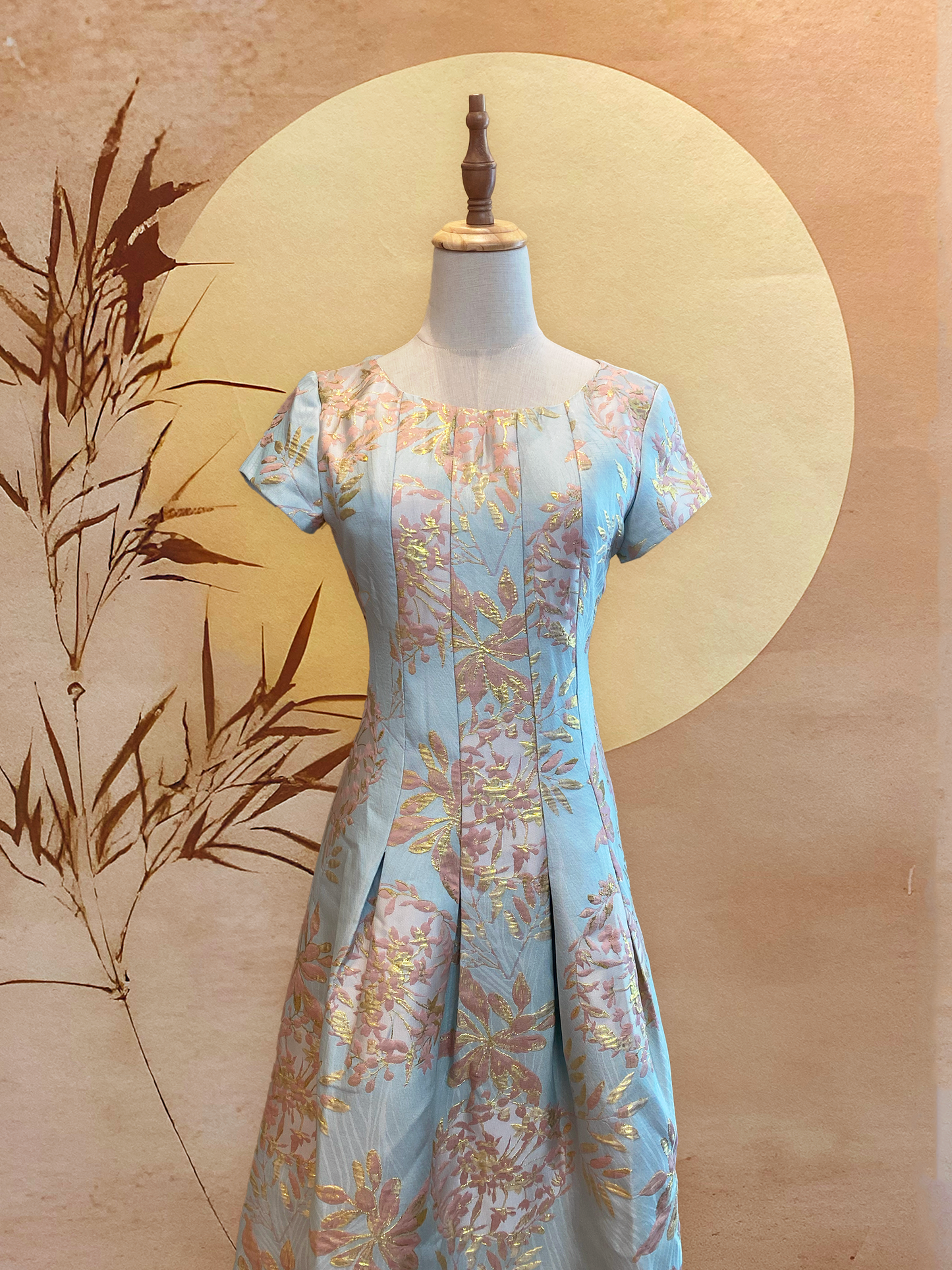 Blue Pink Flower Pleated Jacquard Dress