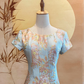 Blue Pink Flower Pleated Jacquard Dress