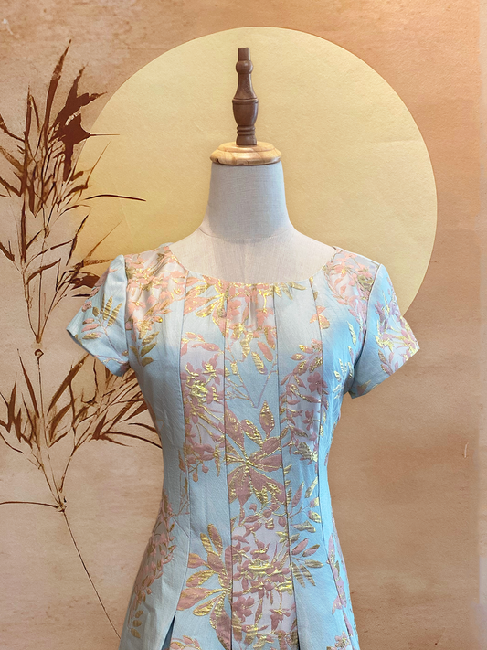 Blue Pink Flower Pleated Jacquard Dress