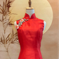 Red Thai Silk Flare Cheongsam with Floral Appliqué