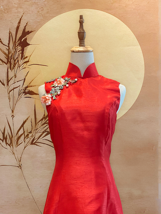 Red Thai Silk Flare Cheongsam with Floral Appliqué