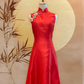 Red Thai Silk Flare Cheongsam with Floral Appliqué