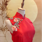 Red Thai Silk Flare Cheongsam with Floral Appliqué