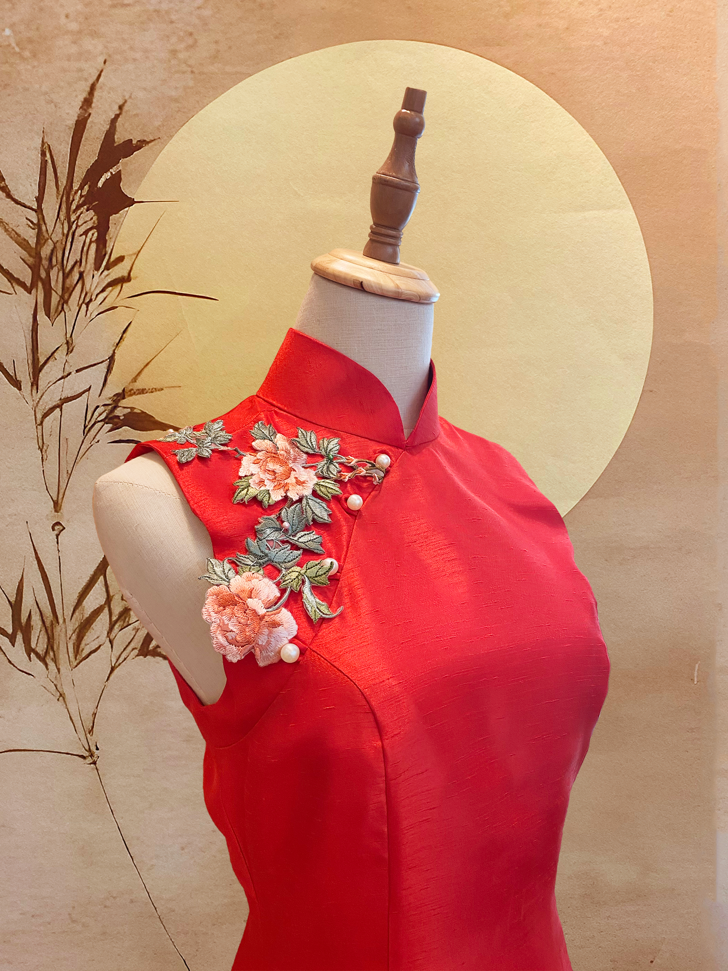 Red Thai Silk Flare Cheongsam with Floral Appliqué