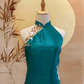 Turquoise Thai Silk Cheongsam with Skin Mesh and Floral Appliqué
