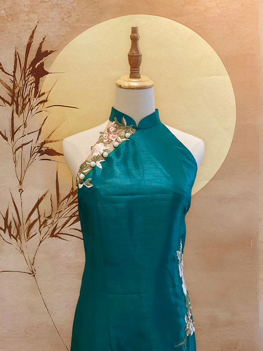 Turquoise Thai Silk Cheongsam with Skin Mesh and Floral Appliqué