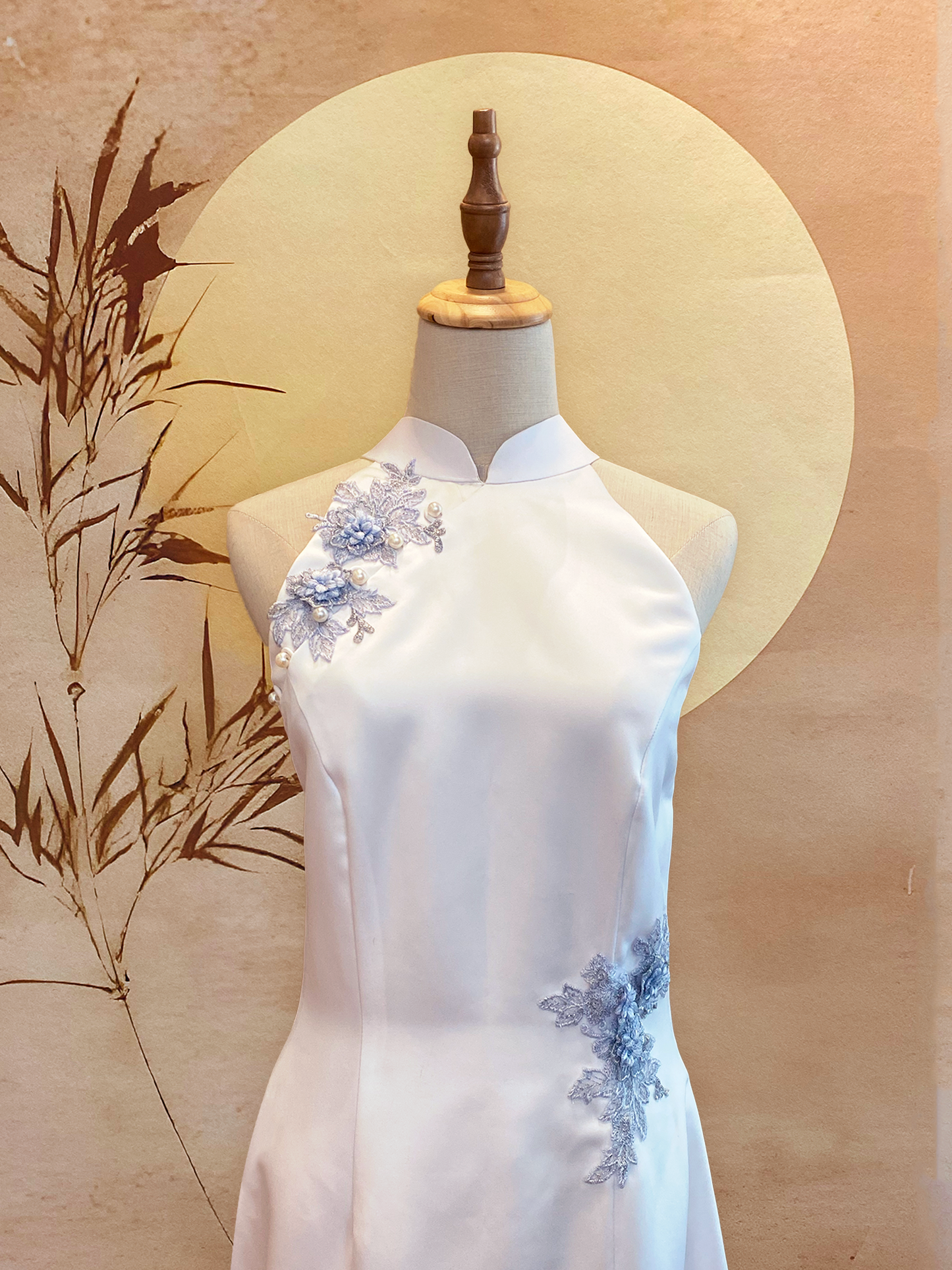 White Duchess Satin Cheongsam with Frost Flower Applique