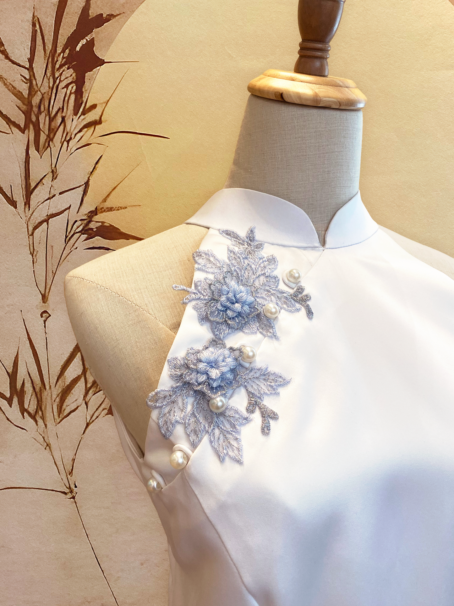 White Duchess Satin Cheongsam with Frost Flower Applique