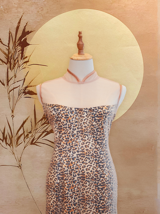 Mesh over Leopard-Print Satin Dress with Trimming