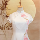 White Duchess Satin Cheongsam with Pink Floral Appliqué