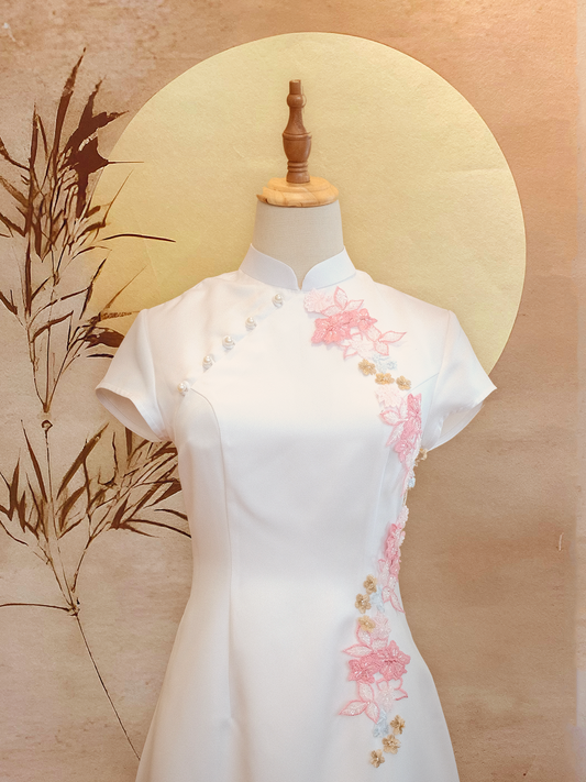 White Duchess Satin Cheongsam with Pink Floral Appliqué
