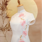 White Duchess Satin Cheongsam with Pink Floral Appliqué