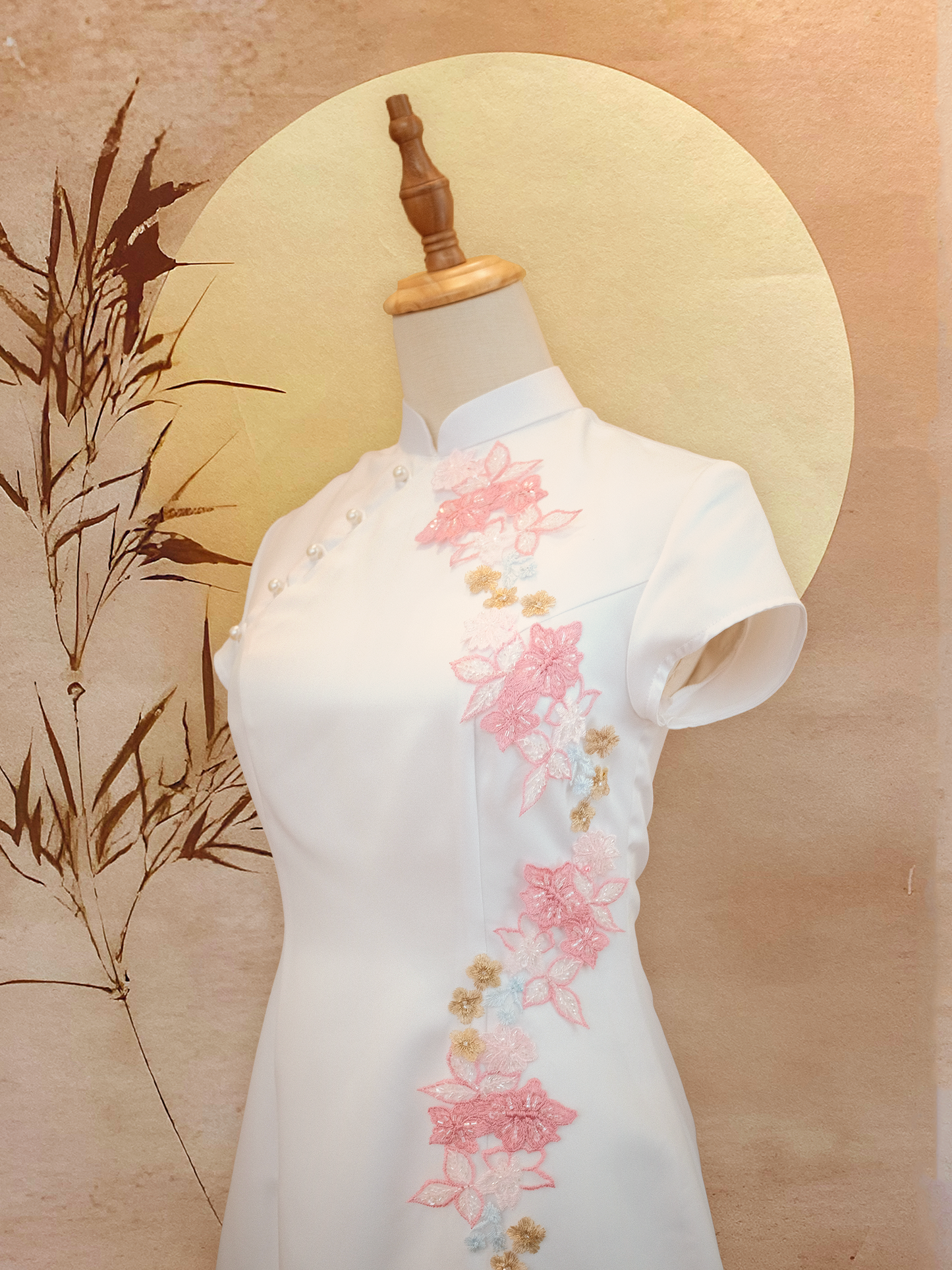 White Duchess Satin Cheongsam with Pink Floral Appliqué
