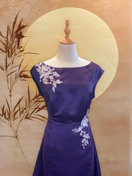 Purple Duchess Satin Boat Neck Dress
