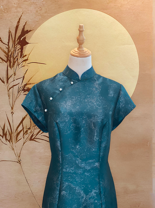 Turquoise Jacquard with Gold-Silver Speckles Cheongsam
