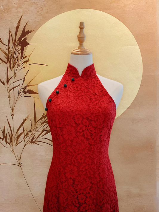Red Lace Cheongsam wtih Dark Green Jade Beads