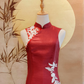 Red Thai Silk Cheongsam with White Floral Appliqué_