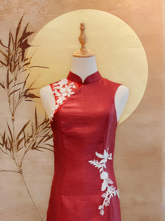 Red Thai Silk Cheongsam with White Floral Appliqué_