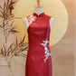 Red Thai Silk Cheongsam with White Floral Appliqué_