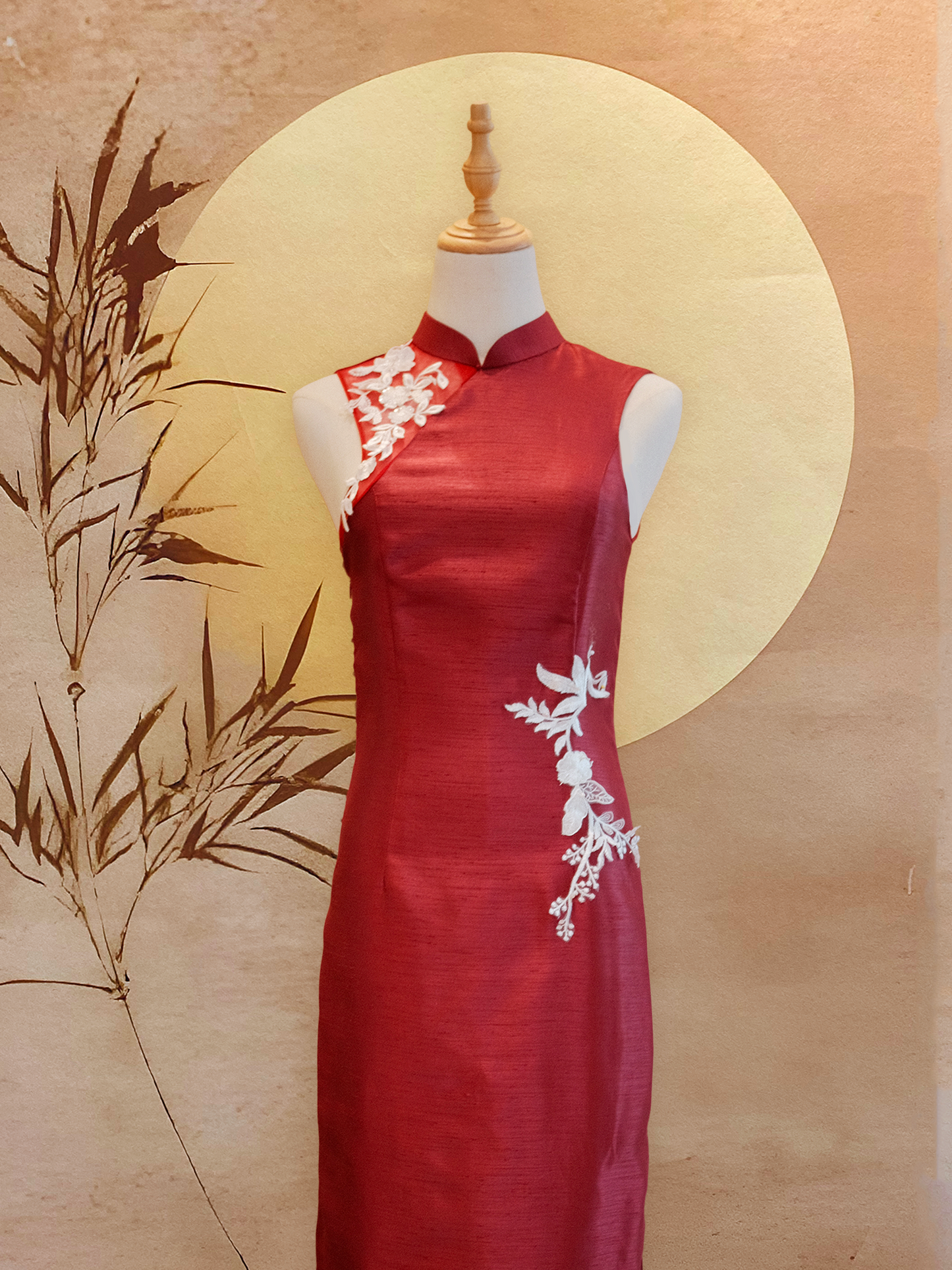 Red Thai Silk Cheongsam with White Floral Appliqué_