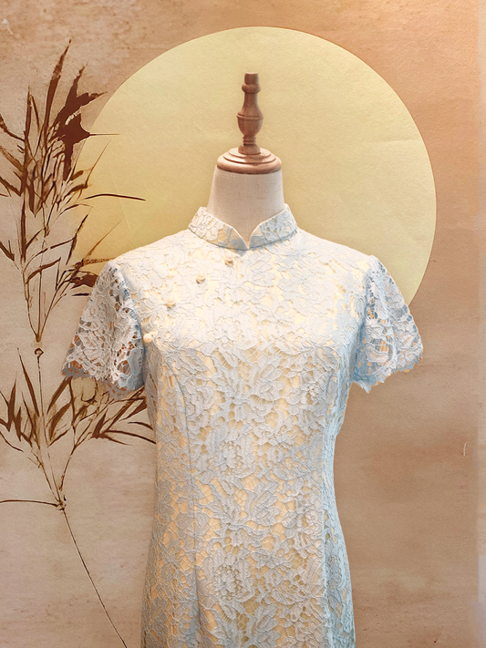 Blue Lace With Butter Yellow Lining Cheongsam with Sleeves