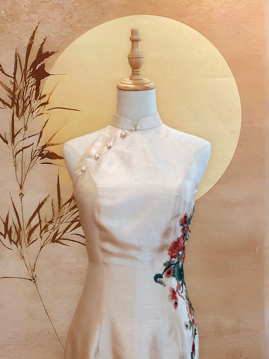 Champagne Thai Silk Cheongsam and Floral Appliqué