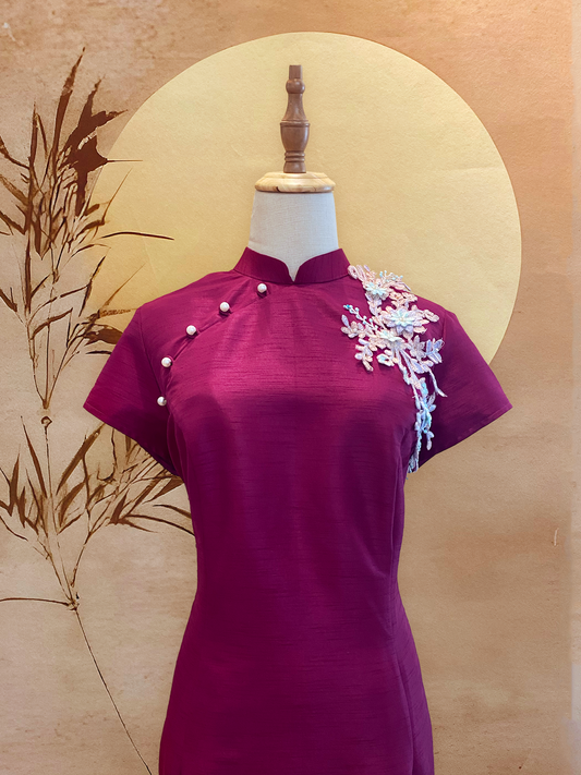 Fuchsia Pink Thai Silk Cheongsam with Sleeves and Floral Appliqué 2
