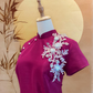 Fuchsia Pink Thai Silk Cheongsam with Sleeves and Floral Appliqué 2