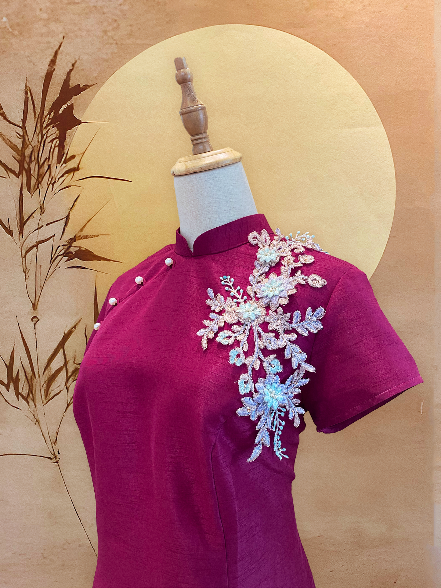 Fuchsia Pink Thai Silk Cheongsam with Sleeves and Floral Appliqué 2