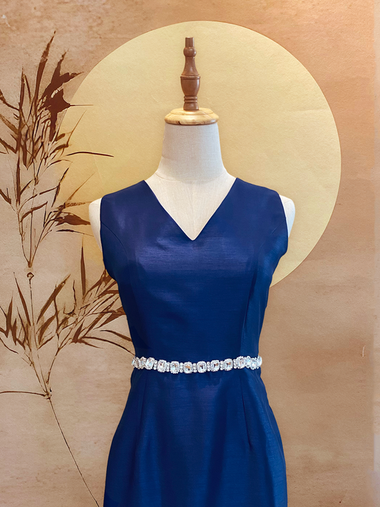 Navy Blue Thai Silk V-Neck Dress with Jewelled Waist