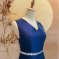 Navy Blue Thai Silk V-Neck Dress with Jewelled Waist