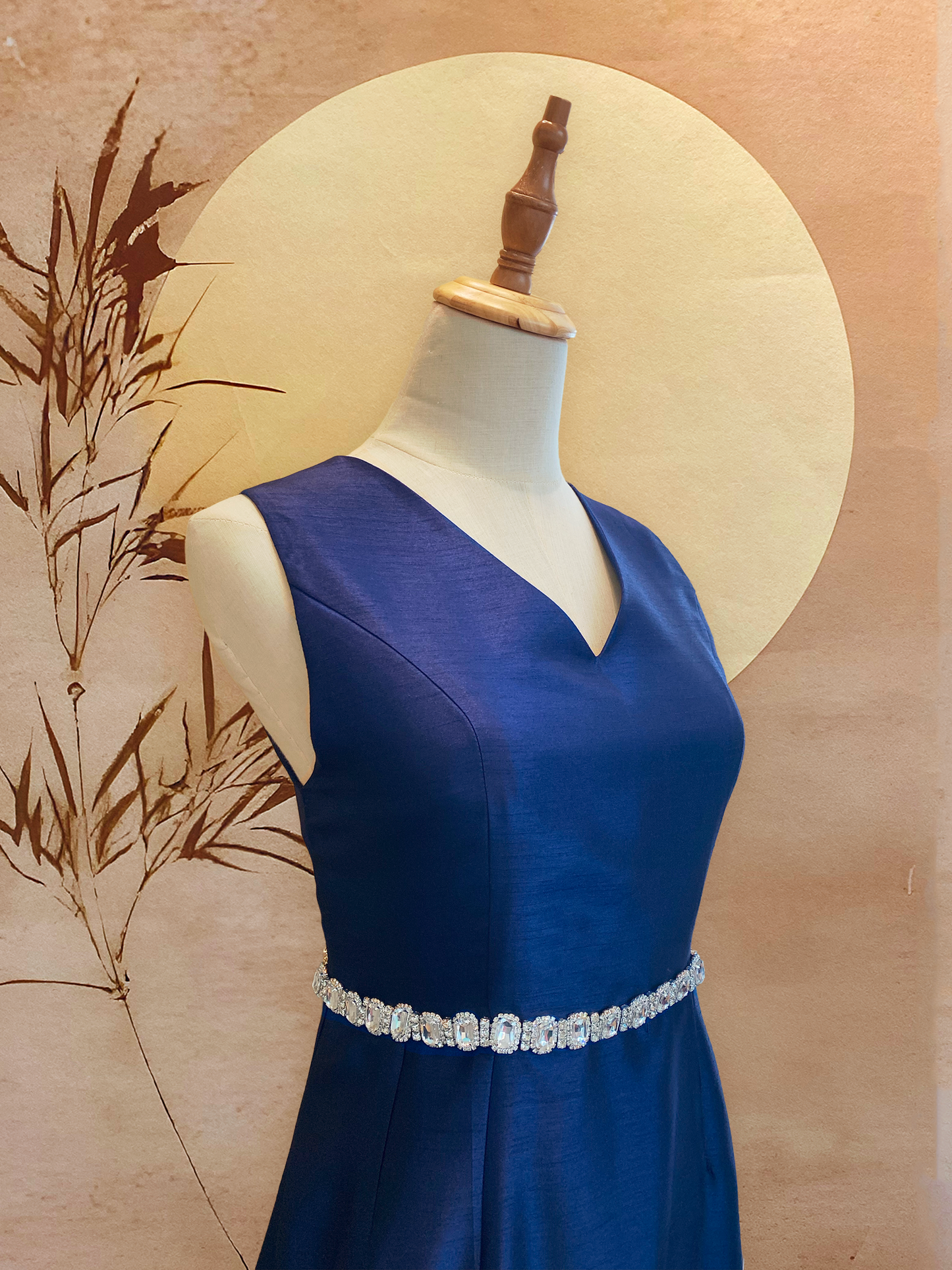 Navy Blue Thai Silk V-Neck Dress with Jewelled Waist