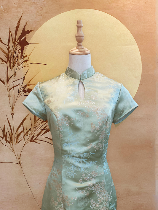 Sage Green Cherry Blossoms Jacquard Cheongsam with Sleeves