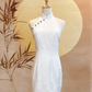 White Floral Jacquard Cheongsam with Gradient Jade Beads
