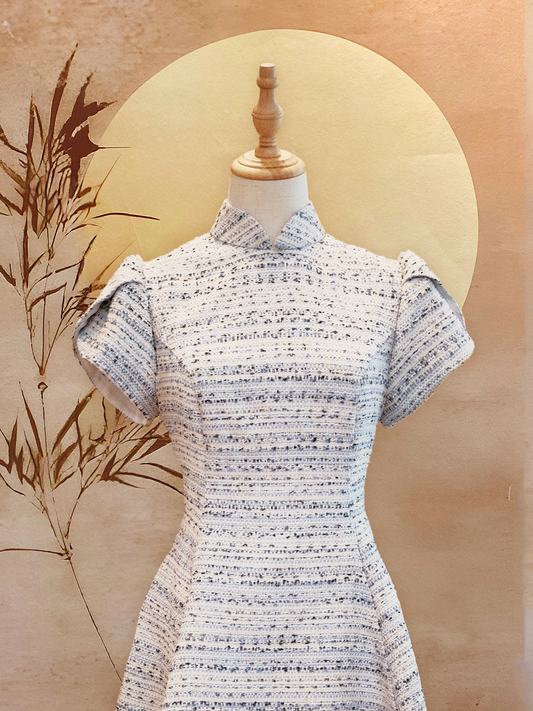 Black, White and Blue Tweed Flare Cheongsam with Sleeves