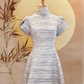 Black, White and Blue Tweed Flare Cheongsam with Sleeves