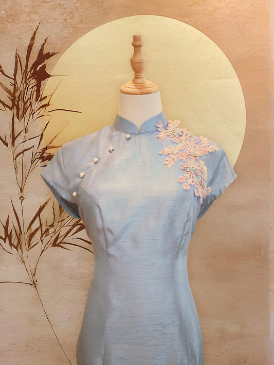 Duck Egg Blue Thai Silk Cap Sleeves Cheongsam with Floral Appliqué