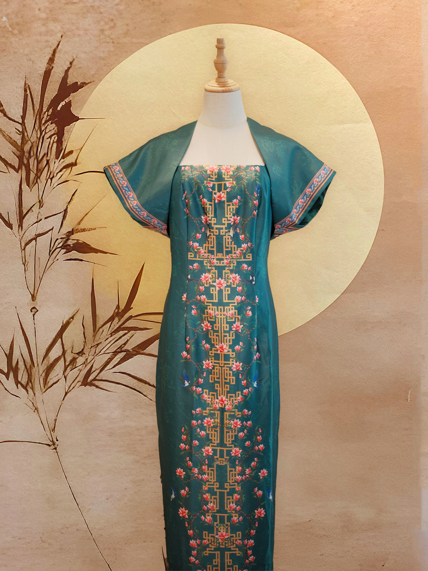 Forest Green Peranakan-Inspired Style Dress with Detached Sleeves