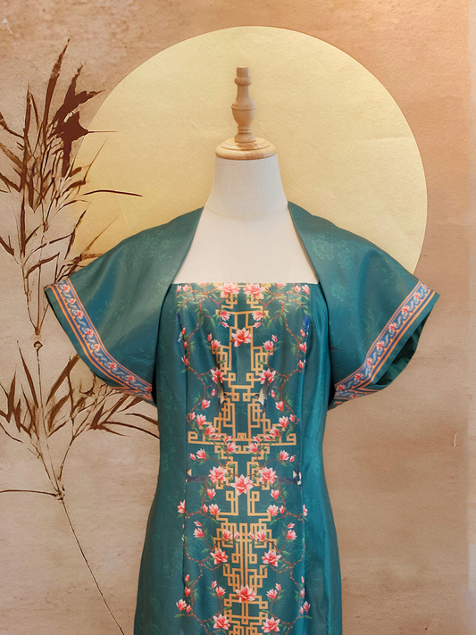 Forest Green Peranakan-Inspired Style Dress with Detached Sleeves