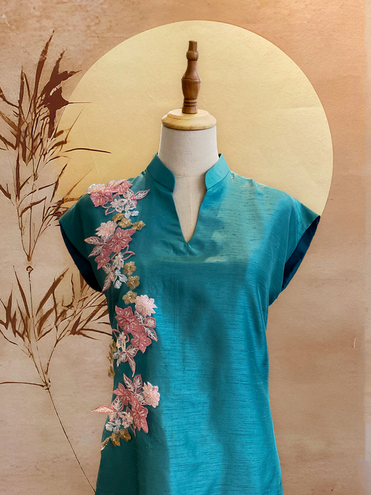 Teal V Neck Cheongsam with Pink Floral Appliqué