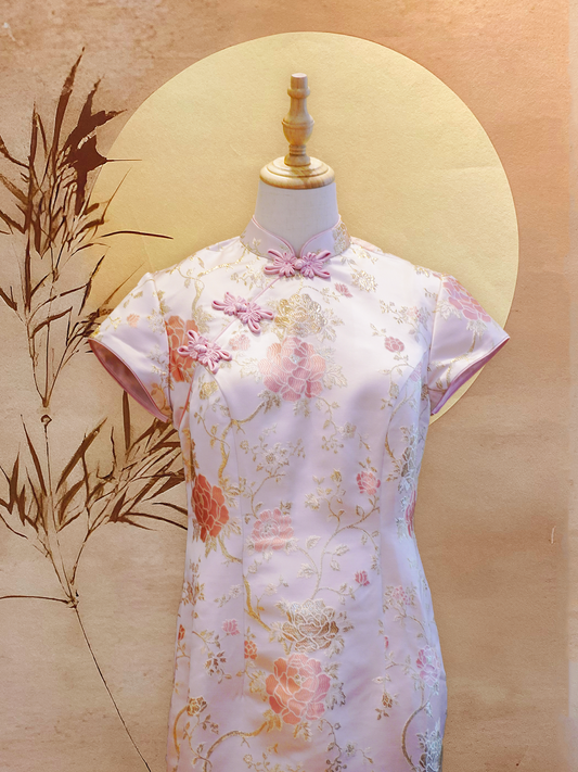 Pink Rose Jacquard Cheongsam with Cap Sleeves and Chinese Flower Knots