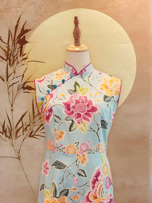 Floral Print Cotton Cheongsam Jumpsuit with Raspberry Piping