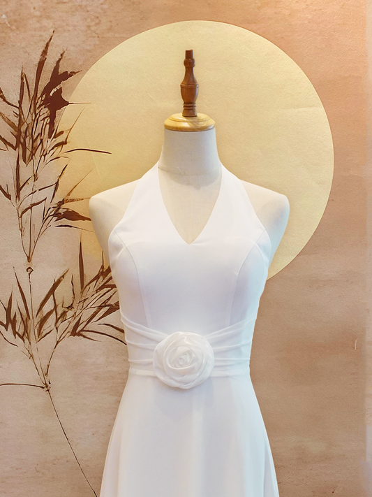 White Chiffon Dress with Organza Rose Waist