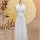 White Chiffon Dress with Organza Rose Waist