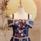Dark Blue Off-Shoulder Sangjit-Style Dress with Oriental Embroidery