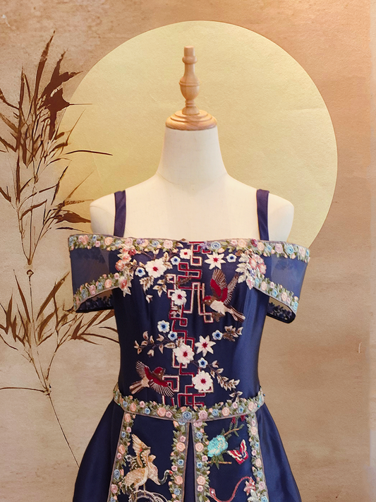 Dark Blue Off-Shoulder Sangjit-Style Dress with Oriental Embroidery