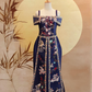 Dark Blue Off-Shoulder Sangjit-Style Dress with Oriental Embroidery