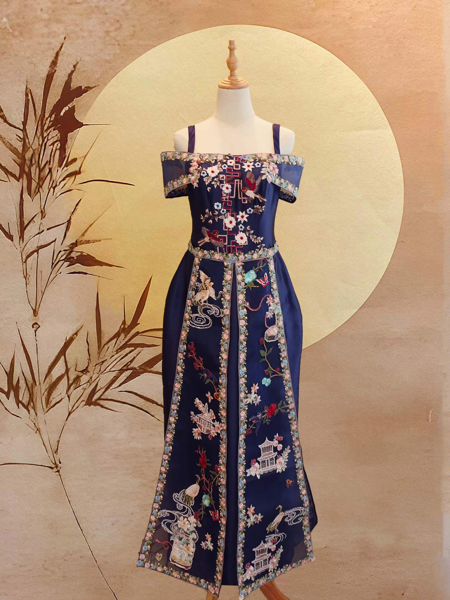 Dark Blue Off-Shoulder Sangjit-Style Dress with Oriental Embroidery